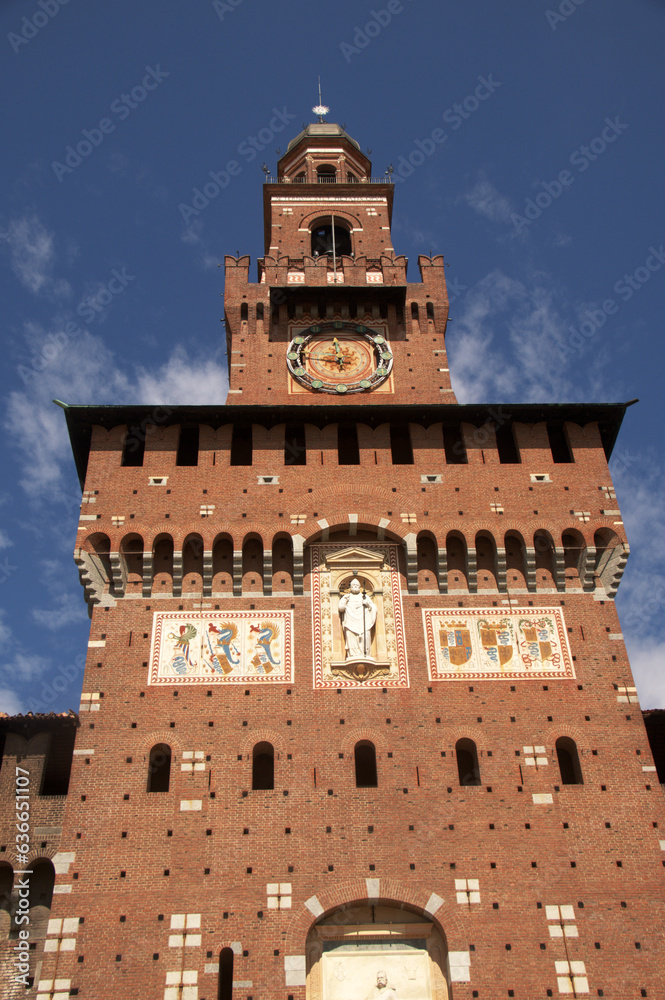 Brick tower of the Castello Sforzesco in Milan