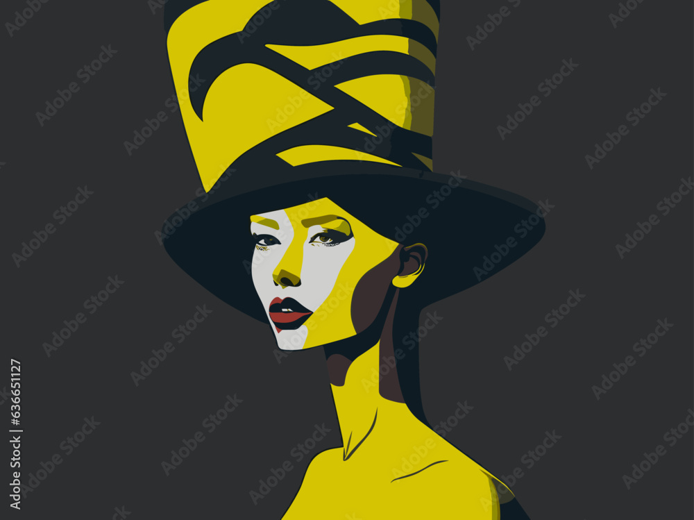 portrait of a woman in a hat in abstract style in yellow, black and white colors