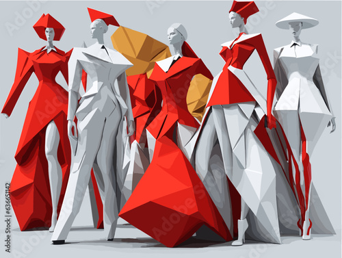 3d of a geometric fashion woman's in red and white dress, vector art illustration of crowd people, Generative Ai