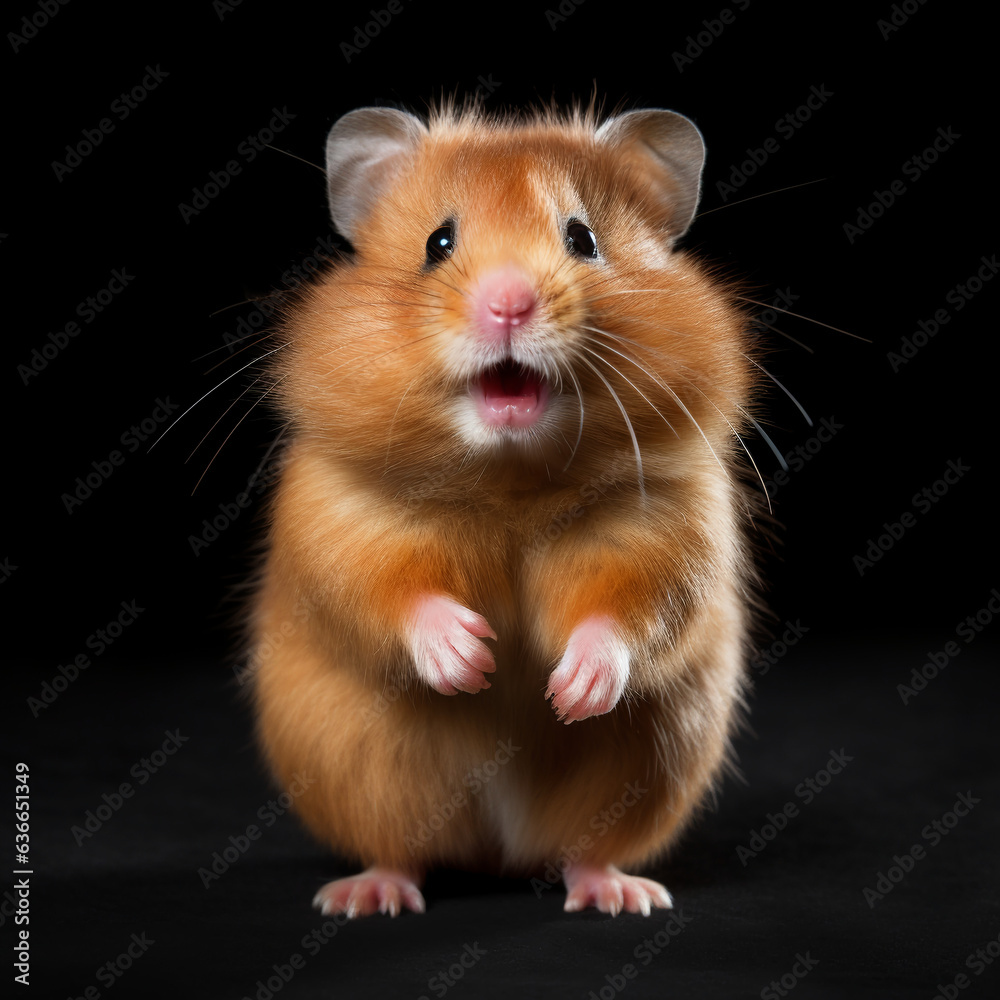 Smiling Syrian hamster isolated on black background. AI Generation Smiling Syrian hamster isolated on black background. AI Generation