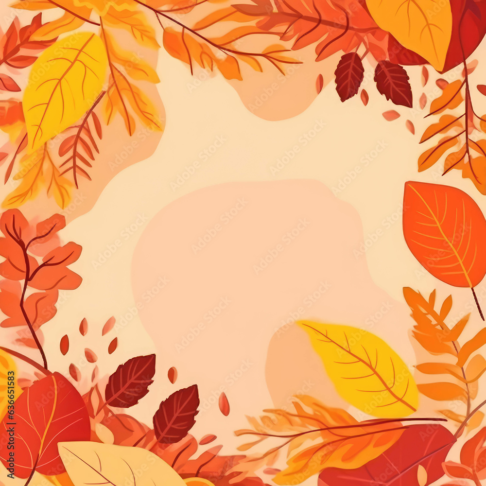 Autumn background wiht yellow and red leaves. Template for a postcard, poster, greeting card. The Day of knowledge. Thanksgiving invitation. Text space. Flat cartoon style.