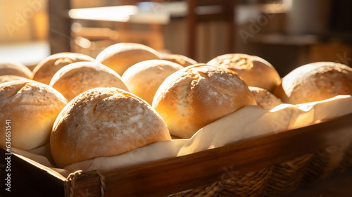 white bread rolls in basket with towel next to window in bakery	
