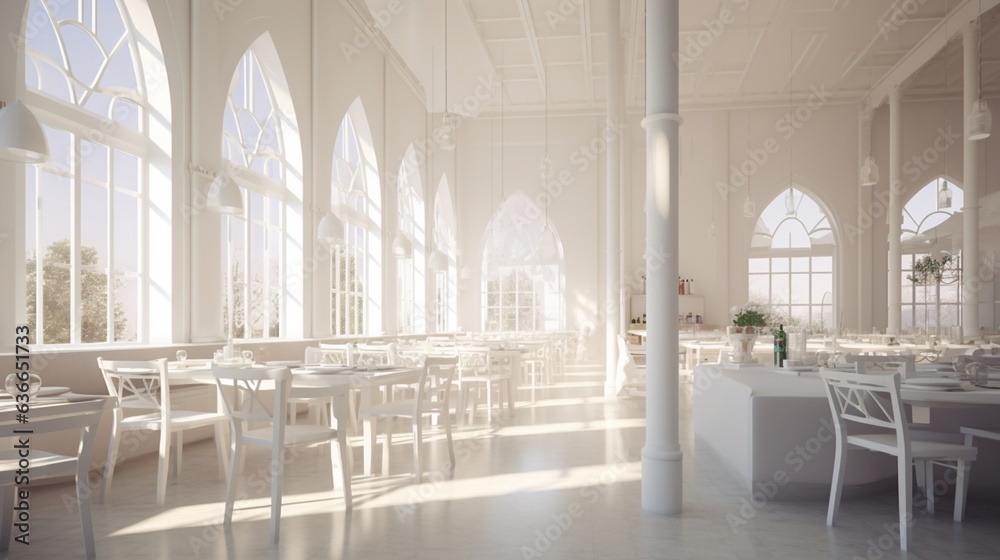 White-toned restaurant interior with natural light.