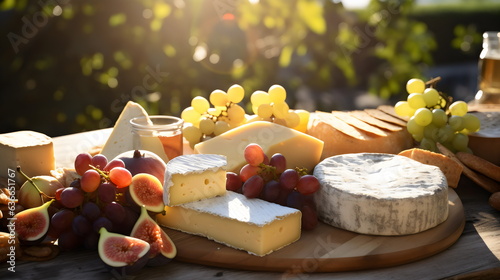 cheeseboard grazing platter with grapes, figs and crackers in outside sunshine garden