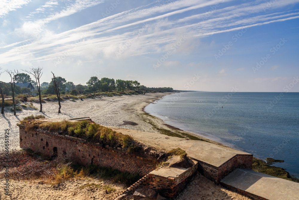 Sandy beach on coastline of Baltic Sea on Vistula Spit. View from Ruins of Western Fort. Baltiysk. Russia Sandy beach on coastline of Baltic Sea on Vistula Spit. View from Ruins of Western Fort. Baltiysk. Russia