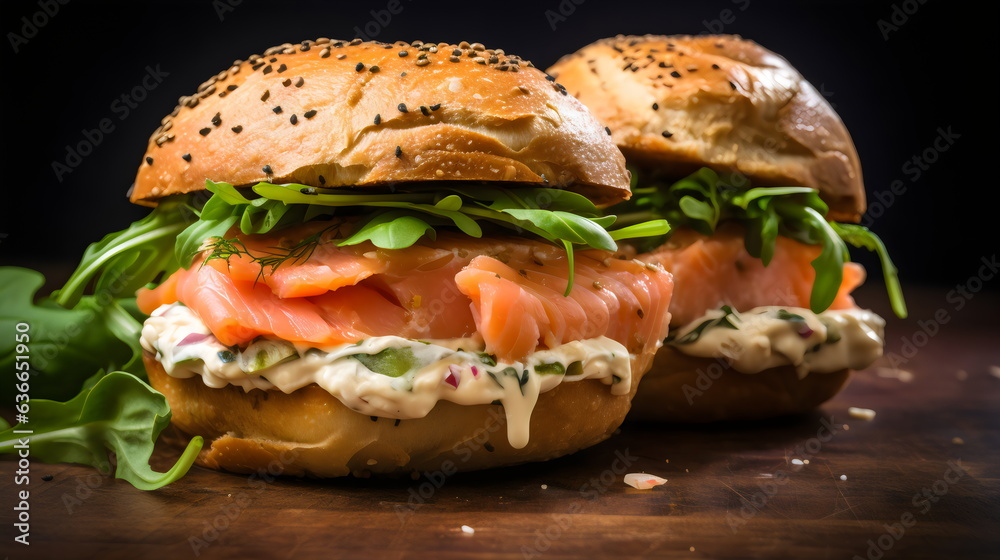 two salmon lox bagels with rocket and dill cream cheese isolated on black background two salmon lox bagels with rocket and dill cream cheese isolated on black background