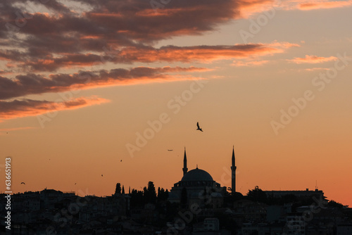 Golden hours sunset reverse light with mosque silhouette and seagull and plane. Mosque Ramadan concept. Eid Mubarak. Selective focus. Open space area.