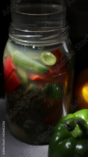 Fermeted pickled peppers in the glass jar with dark background and copy space