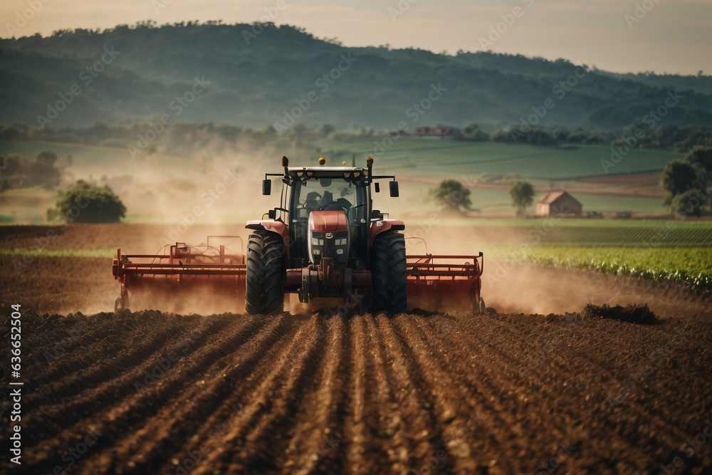 Obraz premium tractor preparing land with seedbed cultivator as part of pre seeding activities in early spring season of agricultural works at farmlands.
