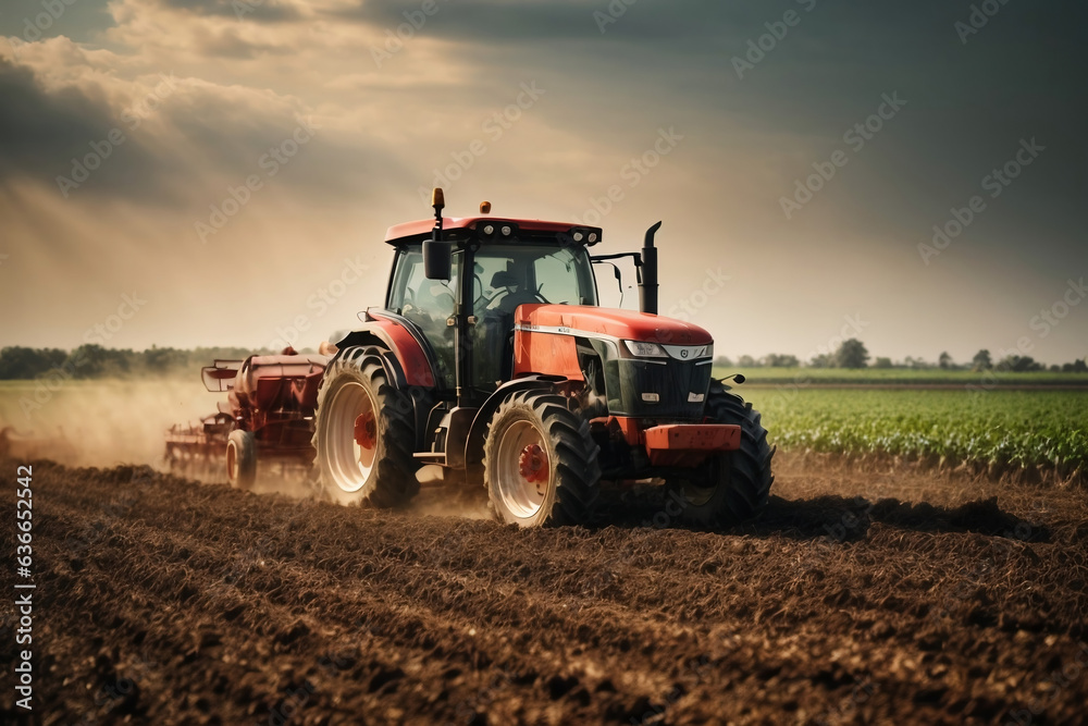 tractor preparing land with seedbed cultivator as part of pre seeding activities in early spring season of agricultural works at farmlands. tractor preparing land with seedbed cultivator as part of pre seeding activities in early spring season of agricultural works at farmlands.