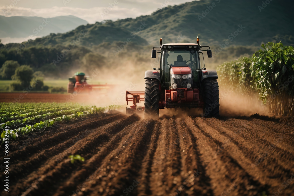 Obraz premium tractor preparing land with seedbed cultivator as part of pre seeding activities in early spring season of agricultural works at farmlands.