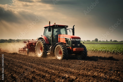 tractor preparing land with seedbed cultivator as part of pre seeding activities in early spring season of agricultural works at farmlands.