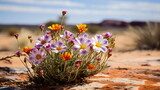 wildflowers in desert with blue sky and red dirt