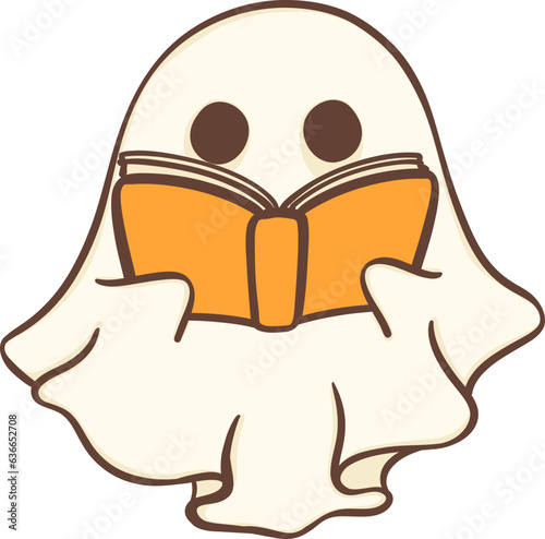Cute Halloween ghost with book, retro spooky boo cartoon doodle illustration