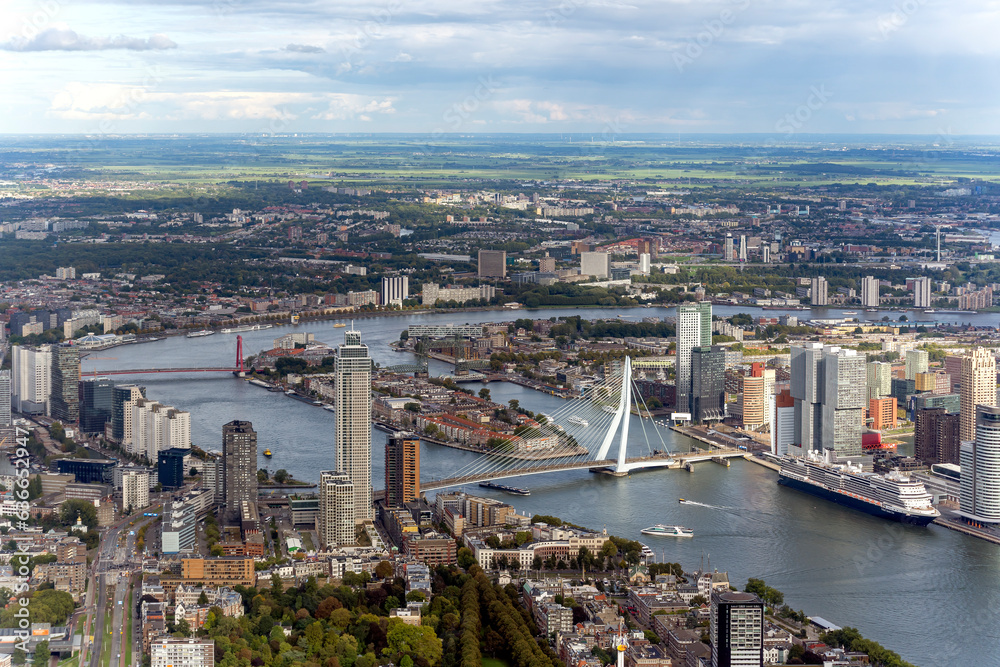 Aerial view of the Erasmus Bridge with surroundings in Rotterdam