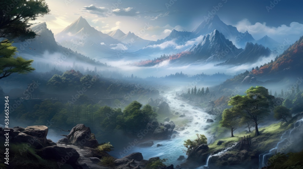 Obraz premium Beautiful Japanese mountainous terrain with fog in the background game art
