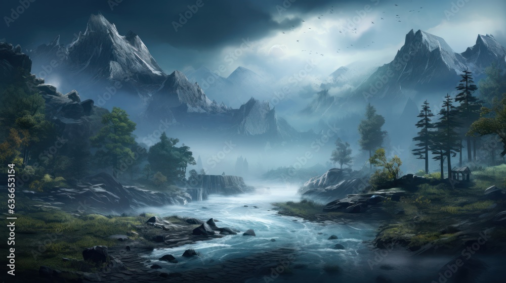 Beautiful Japanese mountainous terrain with fog in the background game art