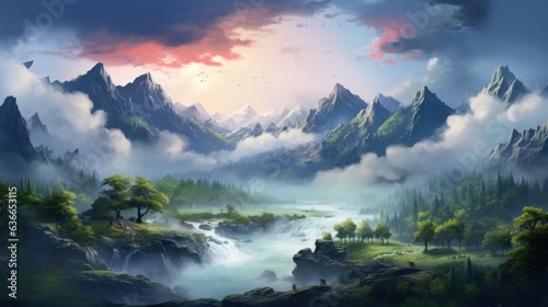 Beautiful Japanese mountainous terrain with fog in the background game art