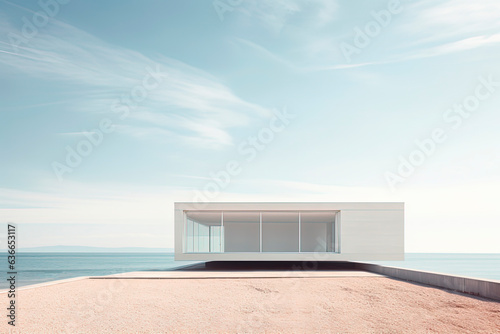 A minimalist beach house overlooking the ocean. Generative AI © Oleksandr