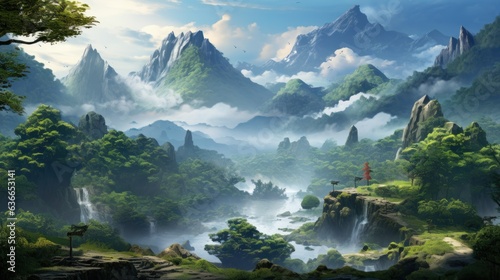 Beautiful Japanese mountainous terrain with fog in the background game art