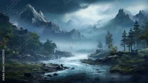 Beautiful Japanese mountainous terrain with fog in the background game art