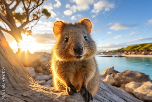 a happy quokka in sunshine at the beach on rocks with wide angle lens photo