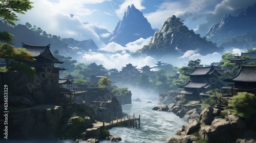 Beautiful Japanese mountainous terrain with fog in the background game art © Damian Sobczyk