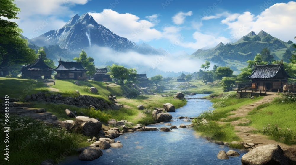 Beautiful Japanese mountainous terrain with fog in the background game art