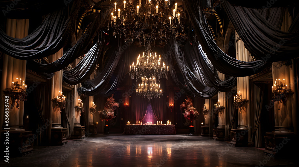 Step into a world of haunted elegance with this awe-inspiring image. A grand ballroom adorned with Gothic décor hosts a masquerade ball, where guests don elaborate costumes that pay homage to classic - obrazy, fototapety, plakaty 