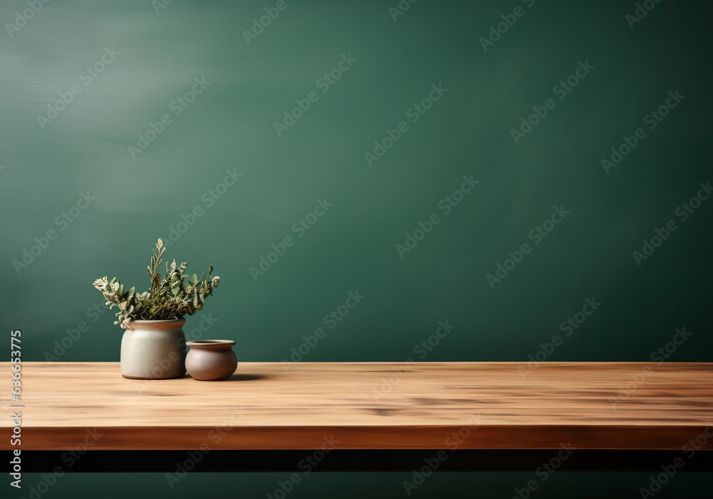 Empty wooden tabletop with green color studio background. AI Generated Images - obrazy, fototapety, plakaty 