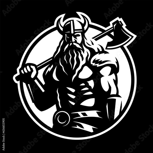 Viking warrior with an axe on a dark background. Vector illustration.