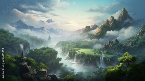 Beautiful Japanese mountainous terrain with fog in the background game art © Damian Sobczyk
