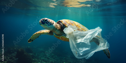  Sea Turtle Trapped in Plastic, Plastic pollution in ocean problem. Sea Turtle with plastic bag, green sea turtle swimming trough trash filled waters generative AI