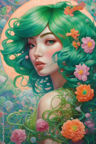 Woman with green hair and flowers painting