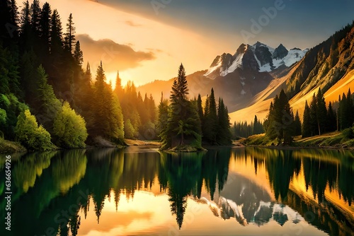 reflection of trees and mountain in water sunset scene