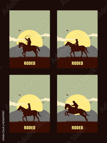 set of logo with cowboy horse rider silhouette