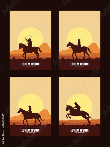 set of logo with cowboy horse rider silhouette