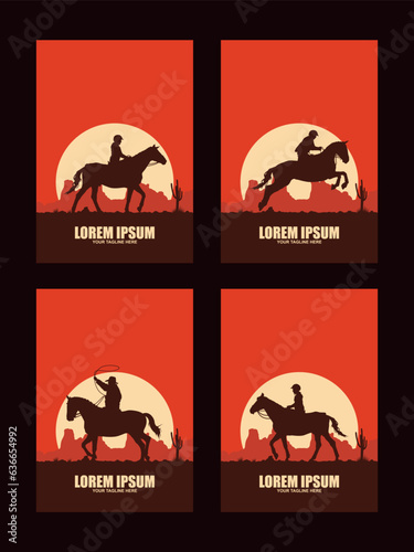 set of logo with cowboy horse rider silhouette