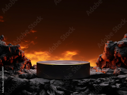 Dark Hot Podium stage for products or cosmetics against dark volcanic rocky mountain valley background. hot volcanic flame themed background for product advertisement.