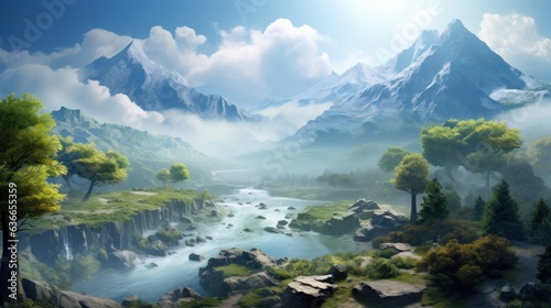 Beautiful Japanese mountainous terrain with fog in the background game art