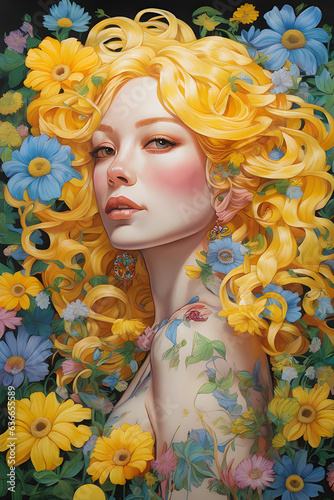 Woman with yellow hair and flowers painting