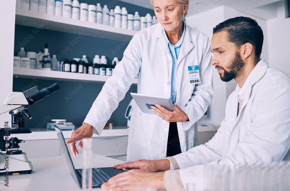 Scientist, computer and tablet for training, data analysis and laboratory report, mentor advice or pharmaceutical research. Science or medical woman and man with medicine support and digital solution Scientist, computer and tablet for training, data analysis and laboratory report, mentor advice or pharmaceutical research. Science or medical woman and man with medicine support and digital solution