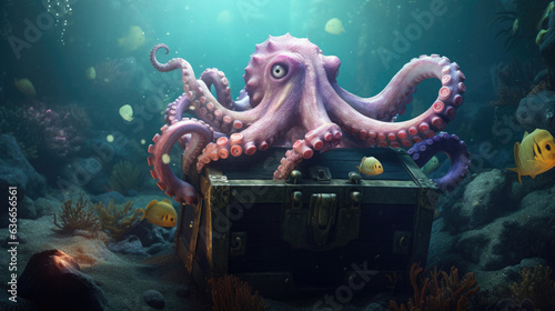 Octopus with Treasure chest underwater in ocean. Generative Ai