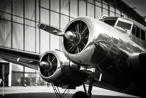 Vintage propeller airliner in black and white