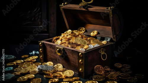 Open treasure chest filled with gold coins. Generative Ai