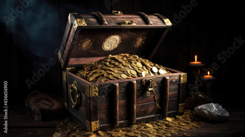 Treasure Chest, Open Ancient Trunk With Glowing Magic Lights In The Dark. Generative Ai