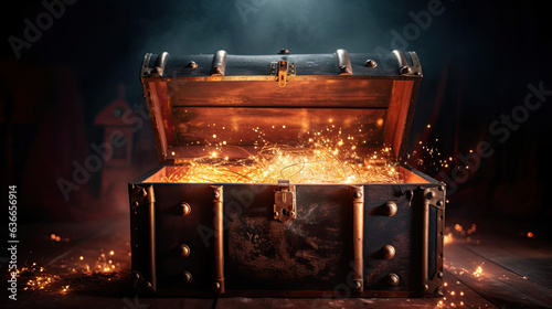 Treasure Chest, Open Ancient Trunk With Glowing Magic Lights In The Dark. Generative Ai