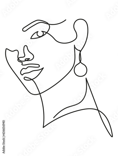 Beautiful Woman's Face with Earring in Minimal One Line Art Drawing