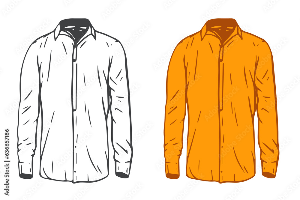 Shirt in cartoon hand draw flat style. Fashion unisex casual cloth isolated on white background. Set color and outline element. Vintage vector illustration. Shirt in cartoon hand draw flat style. Fashion unisex casual cloth isolated on white background. Set color and outline element. Vintage vector illustration.