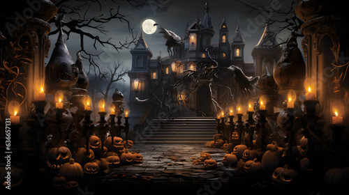 Witness the spellbinding charm of Halloween with this captivating image. A haunted castle, its silhouette against a full moon, hosts a grand masquerade ball. 